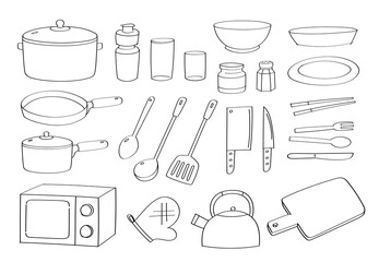 Cute doodle kitchenware cartoon icons and objects. kitchen appliances.