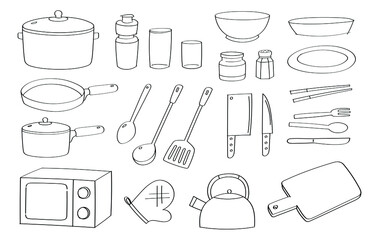 Cute doodle kitchenware cartoon icons and objects. kitchen appliances.