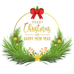 Merry Christmas and Happy New Year lettering template. Greeting card invitation on green grass with golden star and ball, red ribbon. Winter holidays related typographic quote illustration.