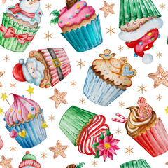 Watercolor Christmas seamless pattern with traditional decor and elements