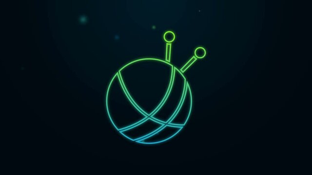 Glowing neon line Yarn ball with knitting needles icon isolated on black background. Label for hand made, knitting or tailor shop. 4K Video motion graphic animation