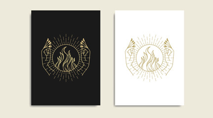 Fire and hand gold logo, spiritual guidance tarot reader Colorful design. illustration and tatoo
