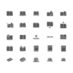 Books icons set. linear style symbols collection, outline signs pack. vector graphics. Set includes icons as open book page with bookmark, textbook, notebook, library, bookshelf, bookstore