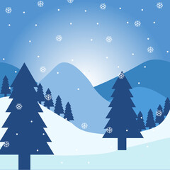 Falling snow over winter landscape with monatas