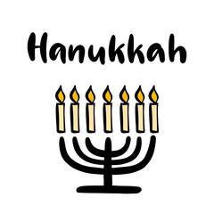 Happy Hanukkah calligraphic lettering vector illustration. The concept of celebration the traditional religious Jewish holiday. Menorah with candles.