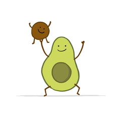 Funny Avocado cartoon character doing exercises. Isolated on white