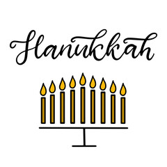 Happy Hanukkah calligraphic lettering vector illustration. The concept of celebration the traditional religious Jewish holiday. Menorah with candles.