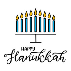 Happy Hanukkah calligraphic lettering vector illustration. The concept of celebration the traditional religious Jewish holiday. Menorah with candles.
