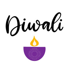 Happy Diwali calligraphic vector illustration. Celebration of the festival of a traditional holiday in India deepavali. Lettering with mandala and candle for greeting card, poster.