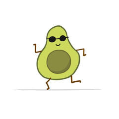 Funny Avocado Character is dancing. Isolated on white