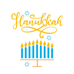 Happy Hanukkah calligraphic lettering vector illustration. The concept of celebration the traditional religious Jewish holiday. Menorah with candles.