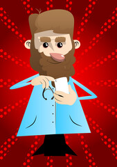 Funny cartoon doctor using a mobile phone. Vector illustration.