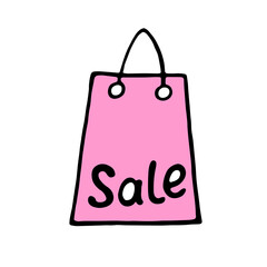 Vector illustration of package for the store with inscription Sale. Hand drawn outline color design element in doodle style isolated. For Black Friday, discounts, shops, shopping centers