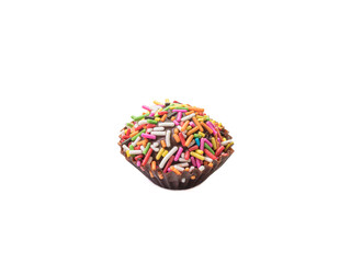 The close up of colorful chocolate balls sweet dessert food on white background.