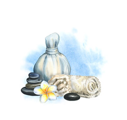 Watercolor Spa composition with herbal compress ball, bath towels, hot stones and frangipani flower for massage isolated on a blue watercolor background. Design for Spa centers for skin care
