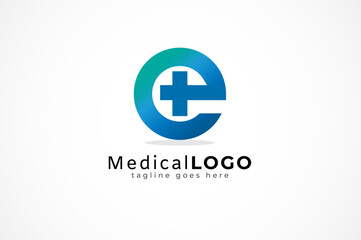 Fototapeta na wymiar Letter E Medical Logo, letter E with Cross icon inside, isolated on white background, flat design logo template element, vector illustration