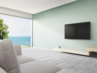 Fototapeta na wymiar Television shelf on turquoise wall of large living room and sofa near TV in modern beach house or luxury villa. Home interior 3d rendering with sea view.
