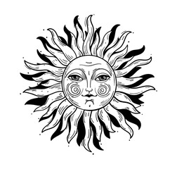 Vintage style illustration, sun with a face, stylized drawing, engraving. Mystical element for design in boho style, logo, tattoo. Vector illustration isolated on white