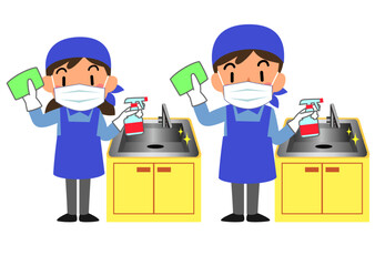 キッチンで流し台の清掃をする清掃業者の男女