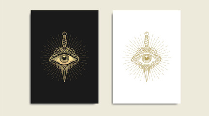 Knife with All seeing eye, symbol of the Masons, eye and  gold logo, spiritual guidance tarot reader design. engraving, decorative illustration tattoo