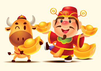 Cartoon Cute God of Wealth (Caishen) and cute cow holding big Gold ingots. Happy Chinese New Year. Year of the ox. 