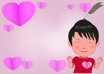 Cute smiling child. Valentine's Day, Creative paper cut heart decorated pink background