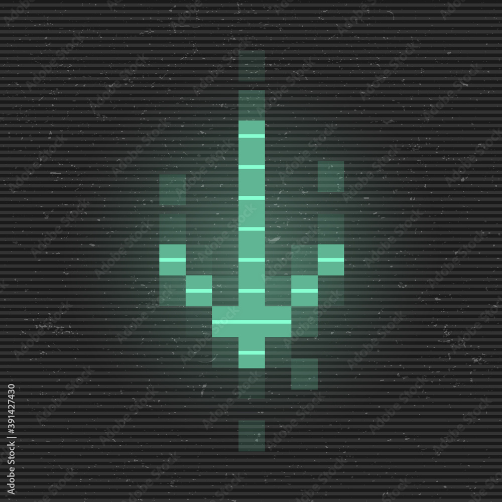 Poster retrofuturistic glitch arrow to down. green glowing digital pointer. 8 bit pixel arrow. cyberpunk gl