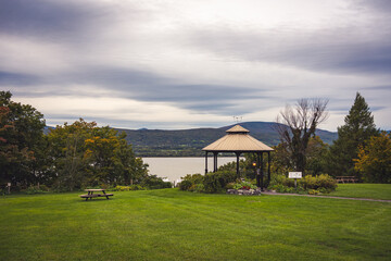 Landscape of gazebo in the park under a cloudy day