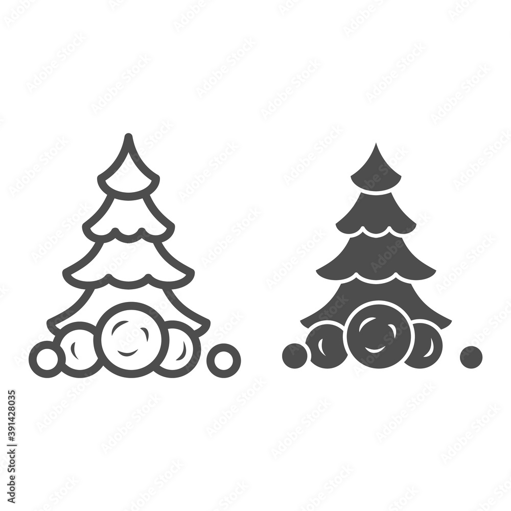 Aufkleber christmas tree in snow and snowballs line and solid icon, world snow day concept, fir-tree sign on w
