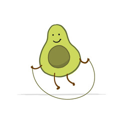Funny Avocado cartoon character jumping rope. Isolated on white