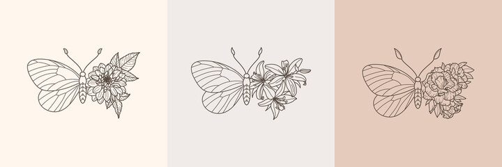 Set of Floral Butterfly icon in a Linear Minimalist trendy style. Vector outline Emblem of Wings with Flowers for creating logos of beauty salons, t-shirt print, wall art, postcard