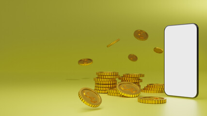 Stack of golden coins with white screen mobile mockup over yellow background. 3D rendering.