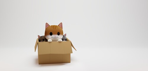 3D rendering concept illustration of a cute tabby cat in a cardboard box on white background