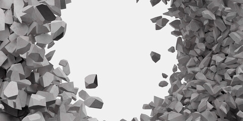 Broken white wall with a hole in the center. 3d illustration..