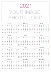 Calendar 2021. Wall calendar for 2021 year in clean minimal style. Corporate design planner template. Week Starts on Monday. Set of 12 Months.