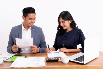 portrait of business partner calculating her business profits and working on a laptop. On her modern office desk