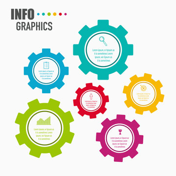 Infographics design vector and business icons with 6 options in a gear design for presentation and web site