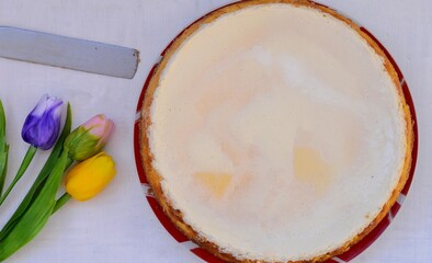 Delicious homemade cheesecake/ Cheesecake slice, New York style classical cheese cake on white background. Slice of tasty cake on white plate served with dessert fork and tulips