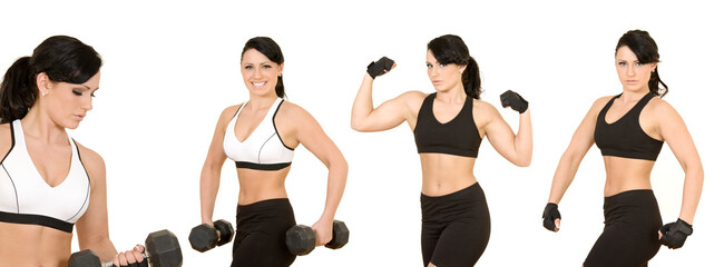  Caucasian woman using dumbbells on white background