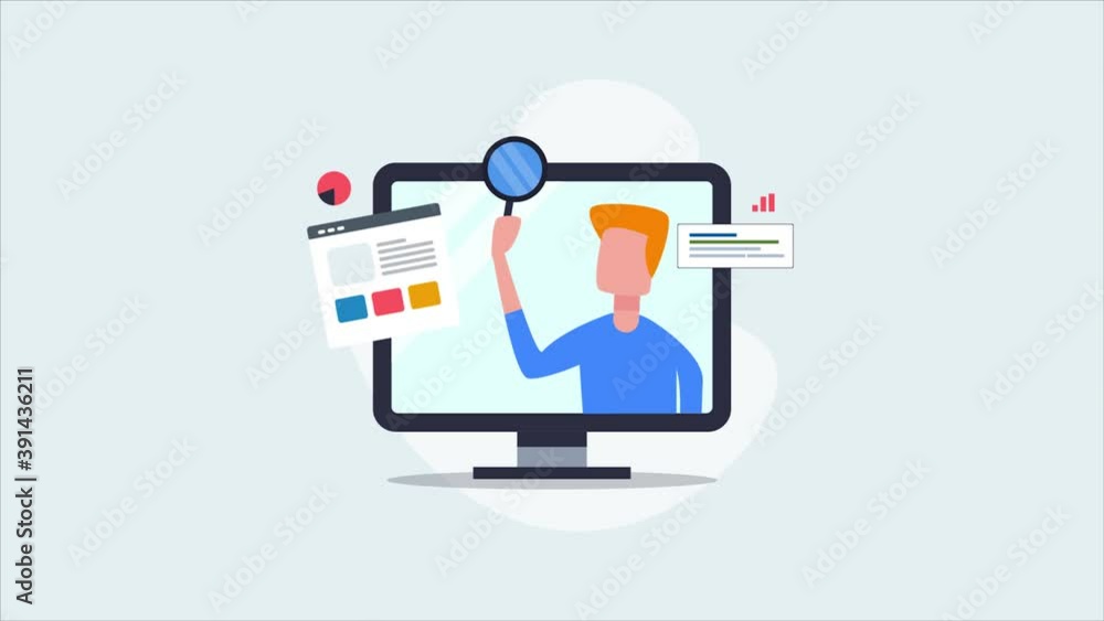 Poster website seo optimization. businessman analysing marketing data with magnifying glass. 2d animation c