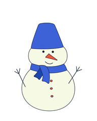 Cute cartoon snowman, symbol of winter and Christmas, vector illustration of isolate on white.