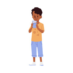 Boy kid quenches thirst with drinking water from bottle a vector illustration