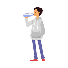 Fototapeta premium Teenage boy quenches thirst with drinking water from bottle a vector illustration