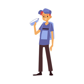 Guy with backpack drinks clean drinking water from bottle a vector illustration.
