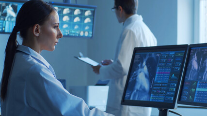 Professional medical doctors are maksing computer research in hospital office. Medicine, healthcare and cardiology concepts.