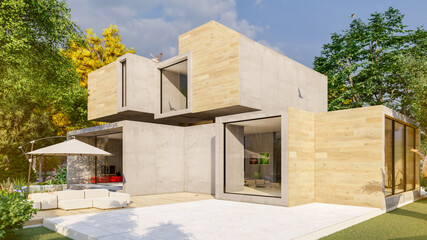 Fototapeta premium Concrete and wood cubic house exterior