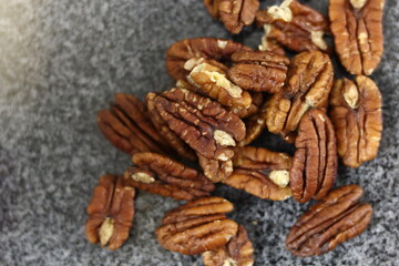 Pecan Nut Halves on Granite Slab. Directly Above.