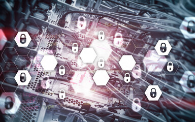Server rack room digital security data protection concept.