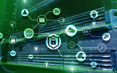 Data security concept. Icons: Closed Padlock, Wifi And cloud on digital background.