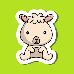 Cute cartoon sticker little alpaca logo template. Mascot animal character design of album, scrapbook, greeting card, invitation, flyer, sticker, card. Vector stock illustration.